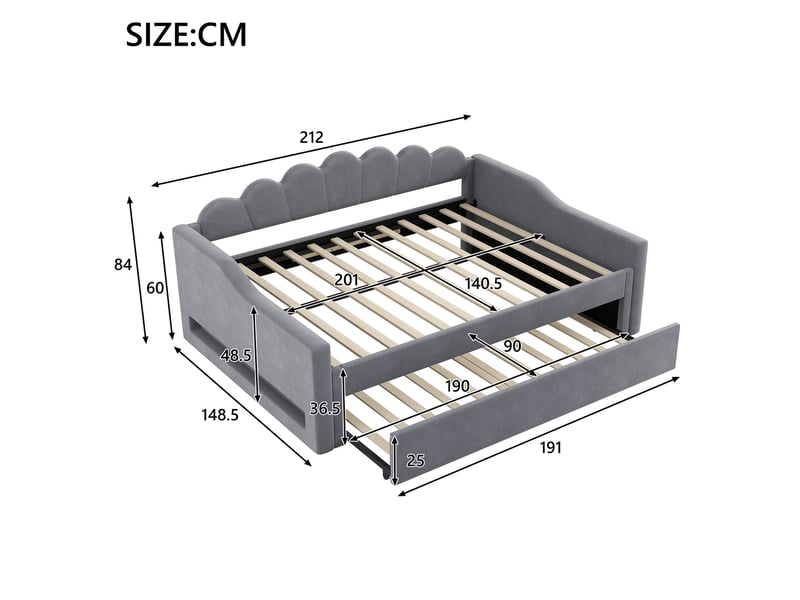  Lit banquette rembourré 140x200 cm avec led et lit gigogne, gris, cadre en bois robuste et confort moelleux  - Conforama B