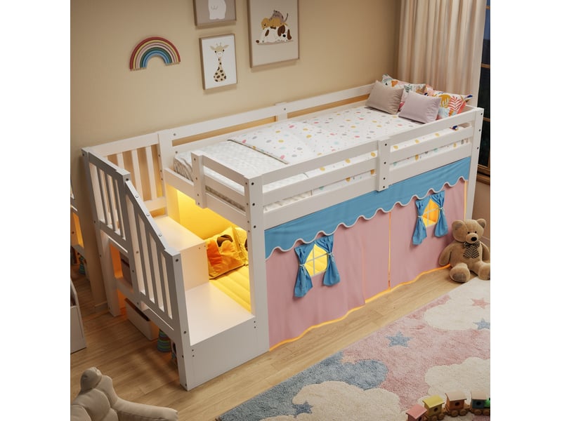  Lit mi-hauteur enfant 90 × 200 cm 1 place avec armoire-échelle, rideaux occultants et led réglable, sans matelas, blanc  - Conforama B