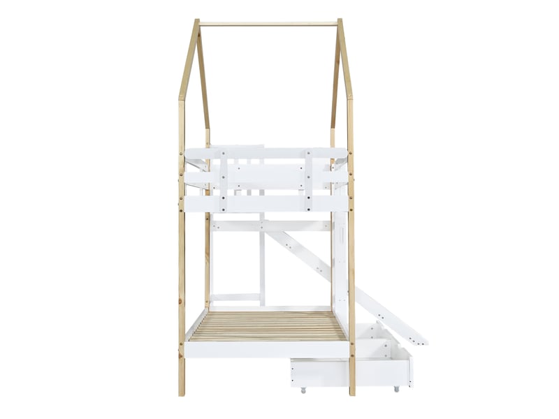 Lit superposé 90x200 cm, lit enfant avec toboggan et échelle d'accès en angle à trois niveaux et 2 tiroirs, cadre de lit bois massif - Conforama B