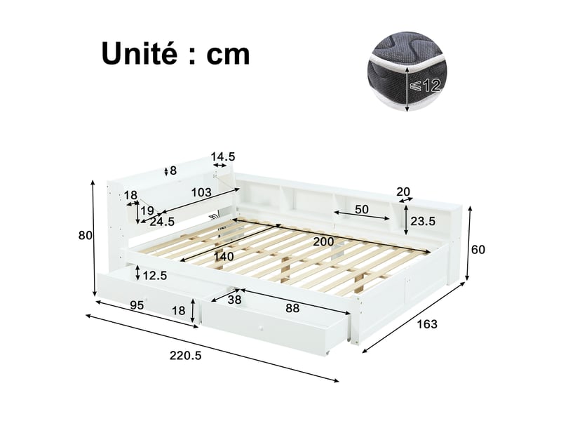  Lit double avec rangement 140x200 cm - tiroirs pratiques, étagères et éclairage intégré, en mdf blanc, sans matelas  - Conforama C