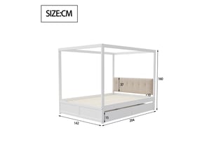 Lit cabane 140x200 blanc avec tiroirs et tête de lit rembourrée, sans matelas