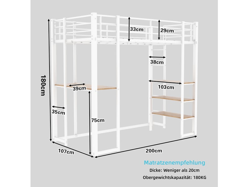  Lit mezzanine, 90x190 cm, lit en hauteur, avec bureau, solution de rangement, matelas non inclus, métal, coloris blanc  - Conforama C