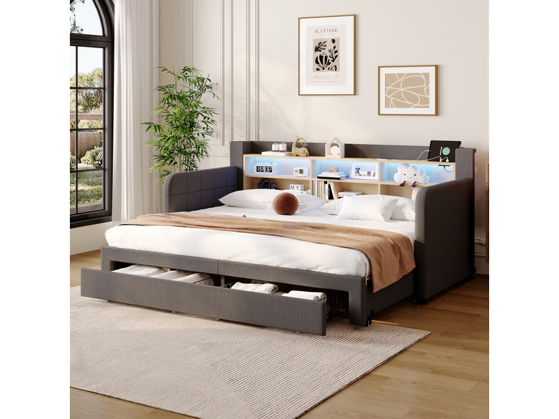  Lit banquette extensible 90x200 cm, lit de jour rembourré, tiroirs, led, tête de lit rangement, velours (sans matelas), gris CozyNest - Conforama D