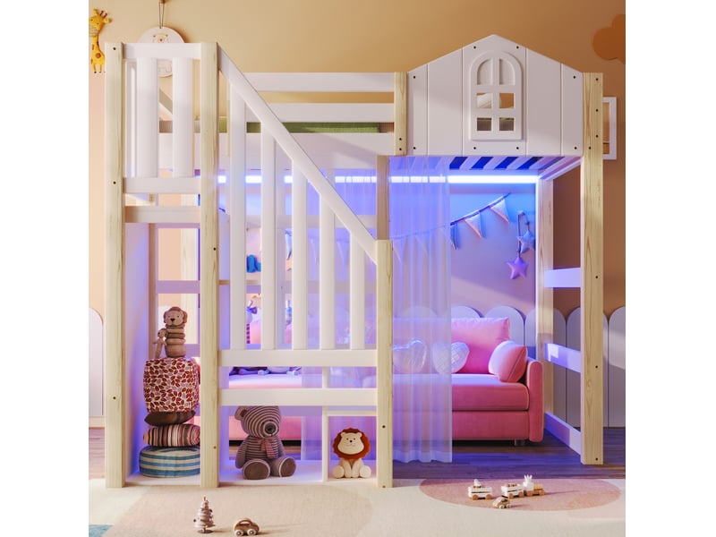  Lit mezzanine 90x200 cm avec led, forme fenêtre, échelle de rangement, bois et mdf, blanc et naturel sans matelas  - Conforama D