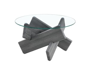 Table basse ronde 79x79x45 cm, meuble de salon, design en croix, plateau en verre, pieds en mdf, gris et transparent