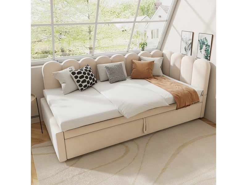  Lit convertible en tissu velours beige 90x200 cm  - Conforama D