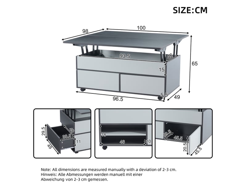  Table basse 100 x 98 x 65 cm, réglable en hauteur, avec rangement dissimulé et étagère, table de salon à roulettes et tiroirs, table à manger multifonctionnelle avec grand espace de rangement, coloris gris et blanc.  - Conforama C