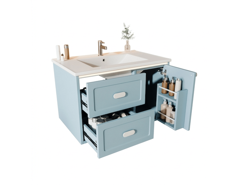Meuble salle de bain suspendu bleu 76x46x51 cm avec vasque intégrée en céramique et éclairage led - Conforama A