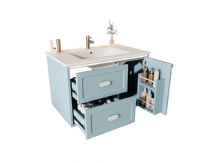 Meuble salle de bain suspendu bleu 76x46x51 cm avec vasque intégrée en céramique et éclairage led