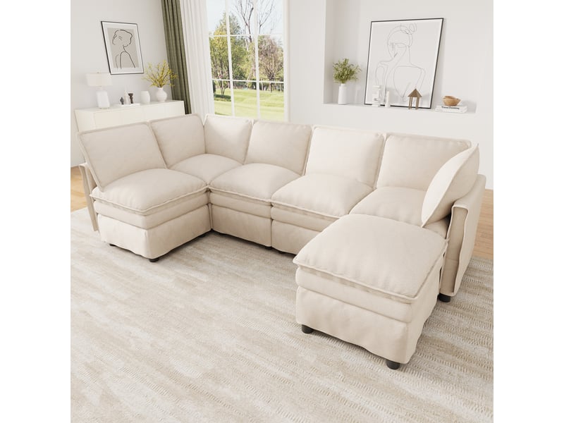  Canapé modulable xxl 6 places 344 cm, configurations ul, pouf mobile, assise profonde 67 cm, coussins 21 cm mousse + ressorts, chenille beige Morn Vibe - Conforama C