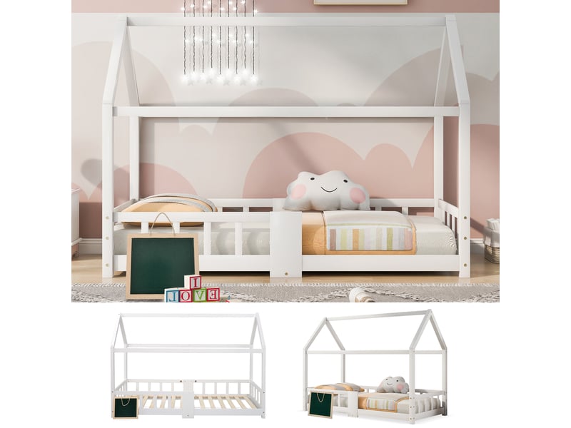  Lit cabane enfant 90 x 200 cm en pin massif avec tableau, barrières et sommier 15 lattes, blanc WF197916AAW - Conforama B