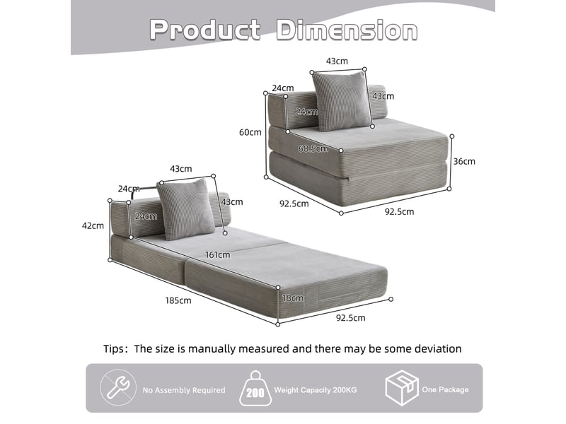  Fauteuil-lit de sol 1 place 92,5 x 92,5 cm – gris clair – velours côtelé pliant avec coussin  - Conforama C