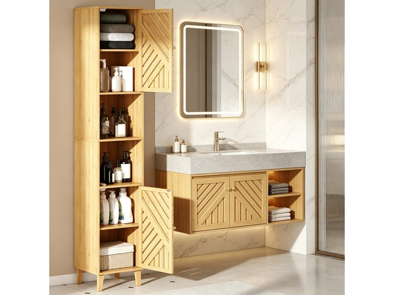  Colonne de rangement 32x30x170 cm bambou effet bois naturel avec portes  - Conforama B