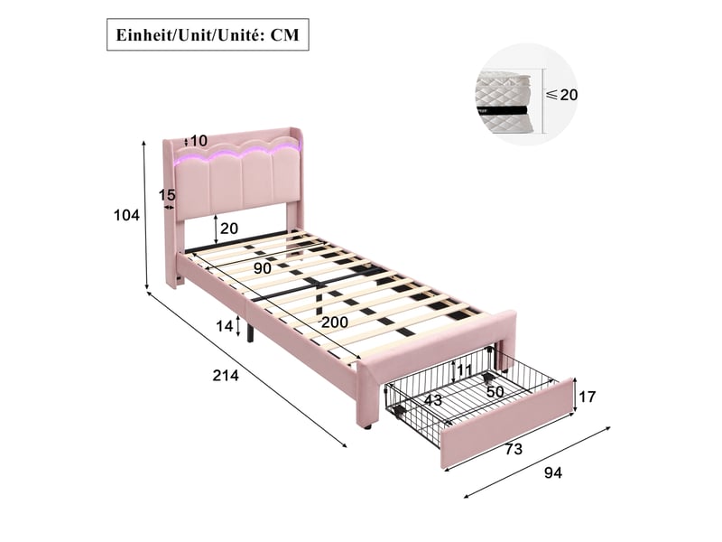  Lit enfant 90x200 cm avec 1 tiroir et led, tête de lit, mdf et métal, velours couleur rose, sans matelas, moderne  - Conforama C