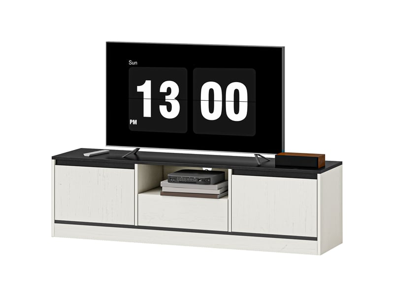 Meuble tv 140cm design effet bois noir et blanc 2 portes tiroir niche - Conforama E