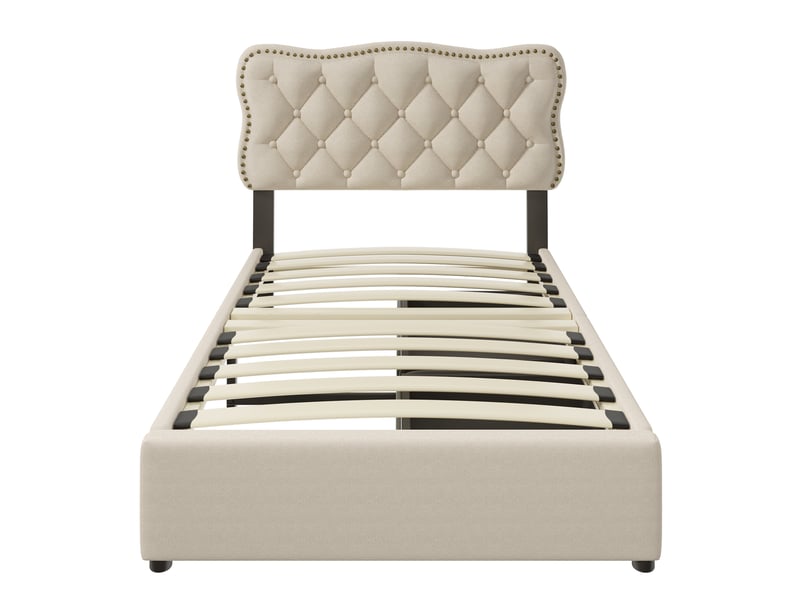  Lit rembourré beige foncé 90x200 cm avec détails cloutés et 2 tiroirs de rangement  - Conforama A