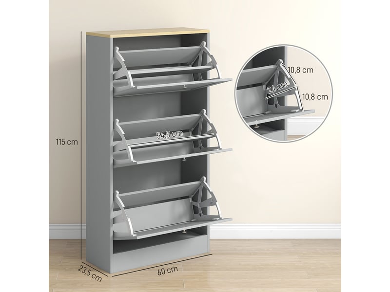  Meuble à chaussures 18 paires, armoire à chaussures avec 3 tiroirs rabattables, étagères réglables, gris, 60x23,5x115cm  - Conforama C