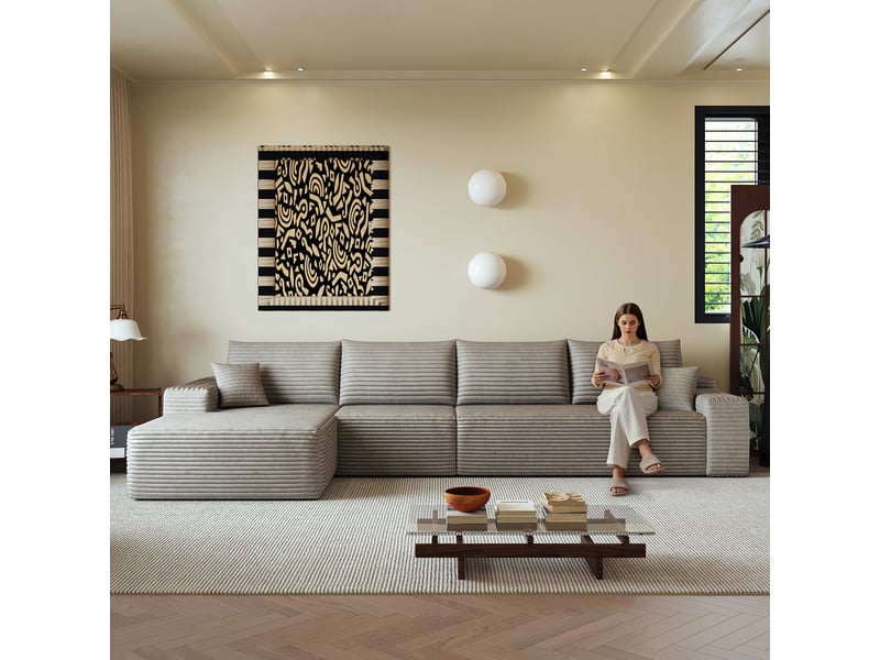  Canapé d'angle modulable 4 places en velours côtelé camel, 340 x 175 x 83 cm, méridienne gauche, sans montage, livré compressé, assise profonde CARDUME ESTIVAL - Conforama E