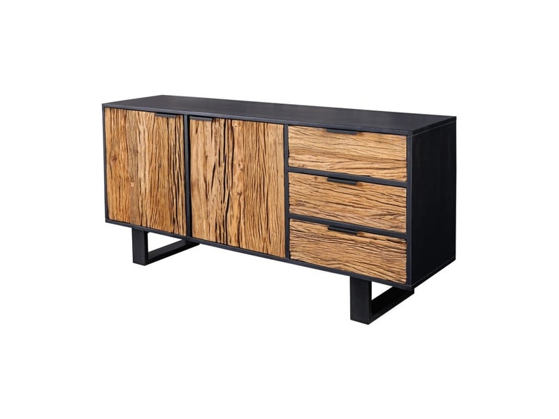 Buffet rafta 150 cm en bois massif de teck et manguier – 2 portes, 3 tiroirs et structure noire - Conforama A