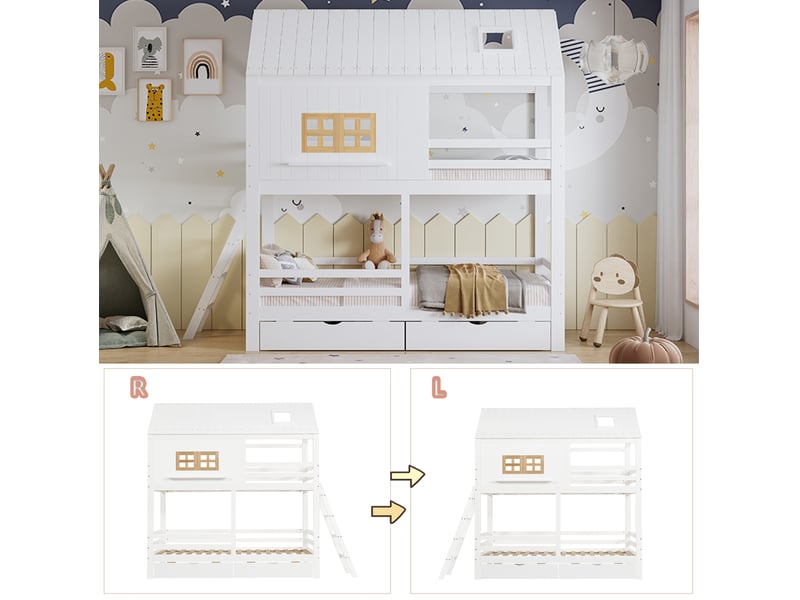  Lit superposé enfant 90x200 cm – blanc et naturel – toit, fenêtres, échelle et 2 tiroirs - sans matelas  - Conforama E