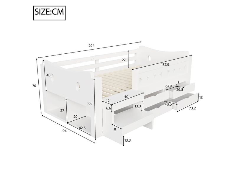 Lit enfant 90 x 200 cm avec rangements, led, ports usb et type-c, blanc  - Conforama C