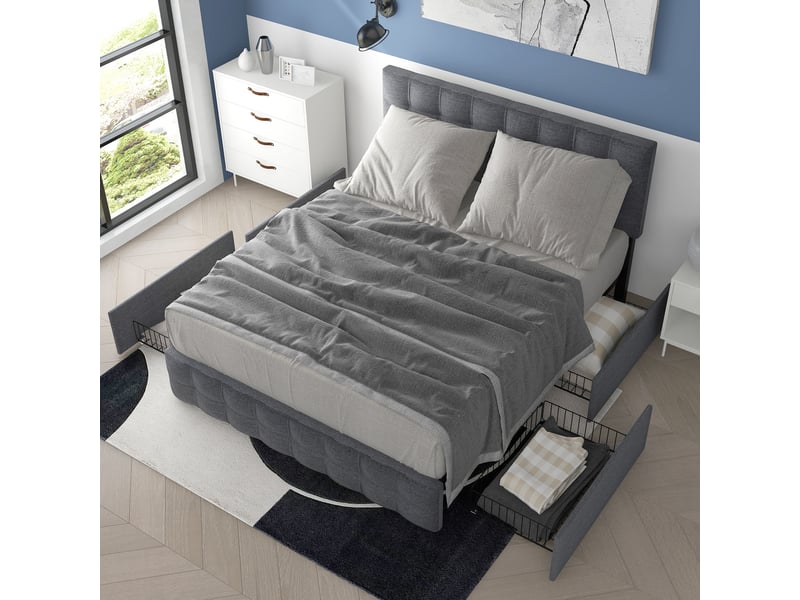 Lit double rembourré gris 140x200 avec 4 tiroirs et tête réglable - Conforama E