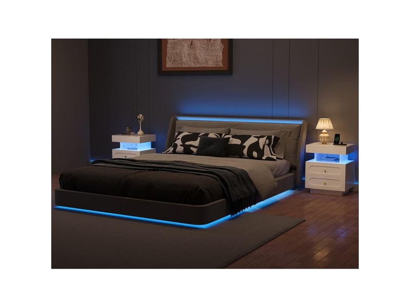  Table de nuit avec éclairage led - 2 tiroirs - espace de rangement ouvert - blanc - b100t40h60 cm  - Conforama C