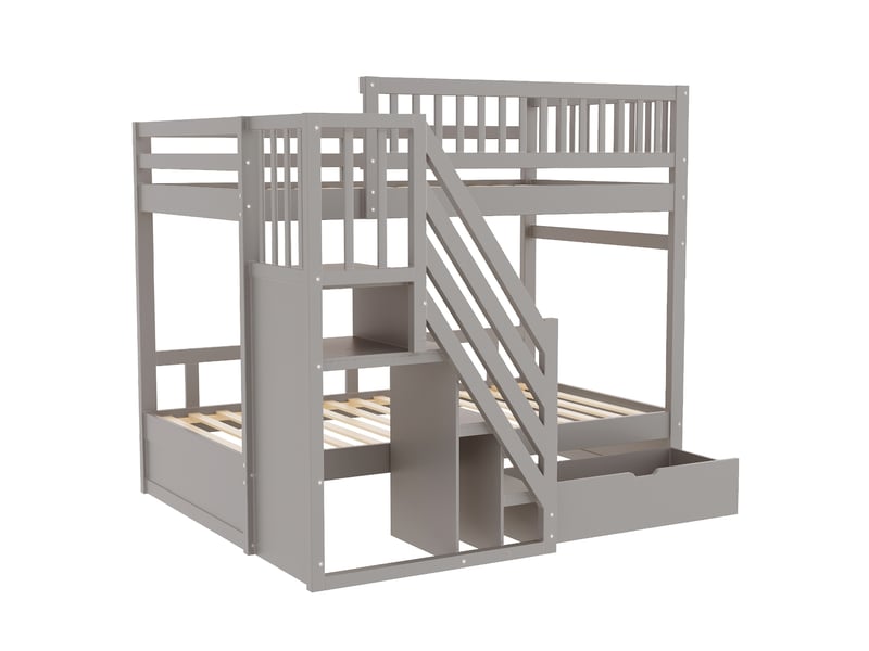  Lit superposé enfant 90x200 cm – gris – escalier de rangement, tiroirs et sommiers à lattes intégrés  - Conforama E