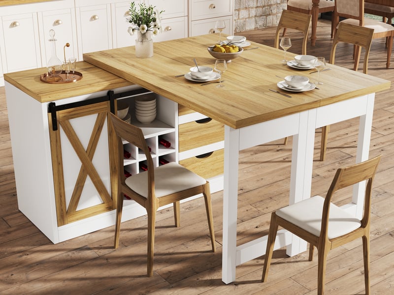Îlot de cuisine multifonction 120-197cm, avec table extensible, tiroirs, porte-bouteilles amovible, style grange, blanc - Conforama B