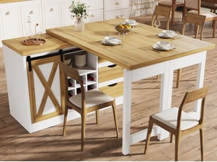 Îlot de cuisine multifonction 120-197cm, avec table extensible, tiroirs, porte-bouteilles amovible, style grange, blanc