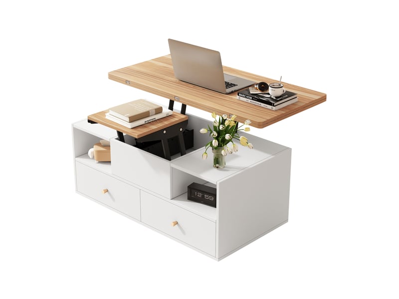  Table basse relevable avec plateau rabattable, 4 tiroirs, roulettes et rangement ouvert pour salon, 100 × 50 × 47,5 cm  - Conforama A