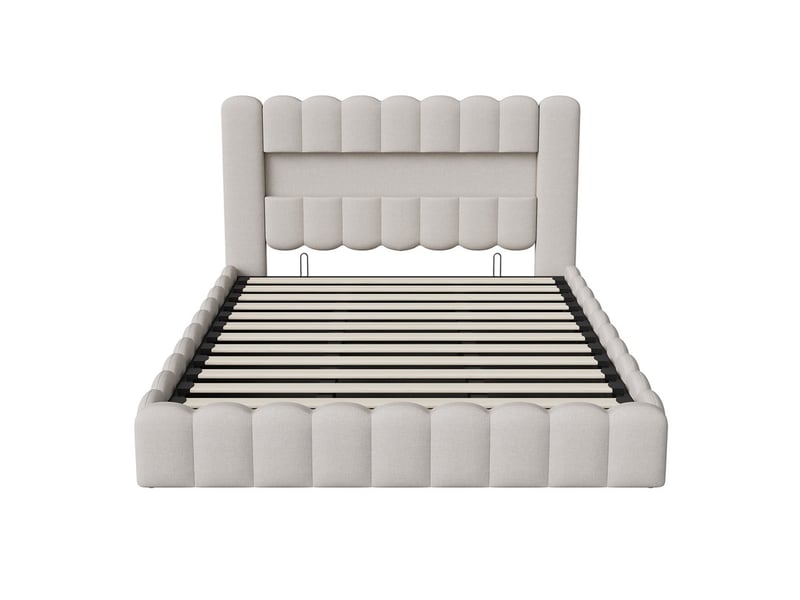  Lit coffre 2 places 180x200 cm, lit adulte avec rangement, compartiment, led, design simple, port usb, lin beige  - Conforama W