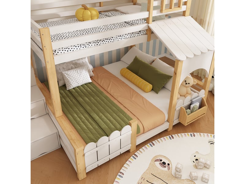 Lit cabane superposé enfant avec escalier de rangement, 90x200 et 140x200 cm, blanc et aspect bois naturel - Conforama W