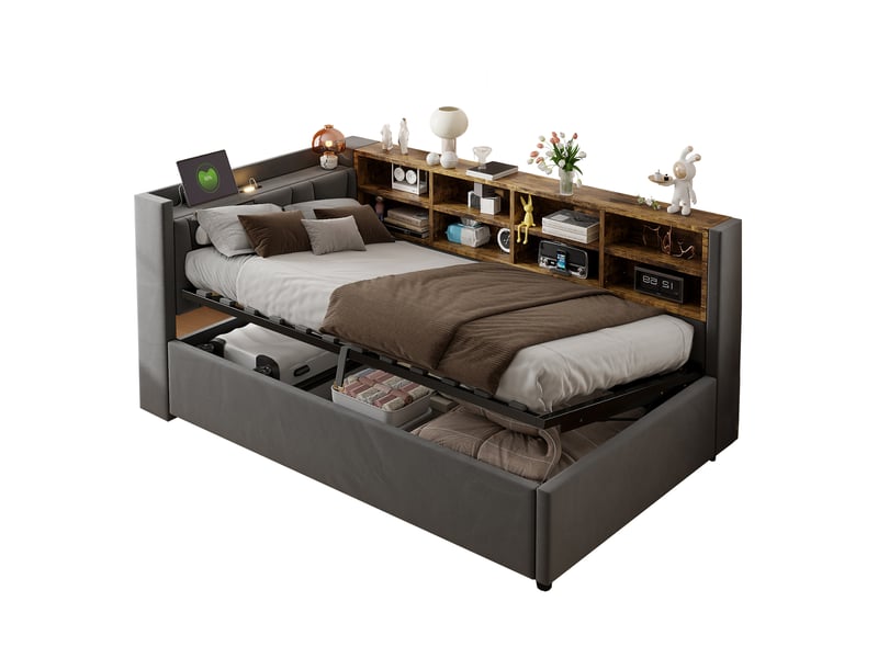  Lit 90x200 cm avec rangement hydraulique, tête de lit fonctionnelle, mdf et métal couleur gris foncé sans matelas  - Conforama A