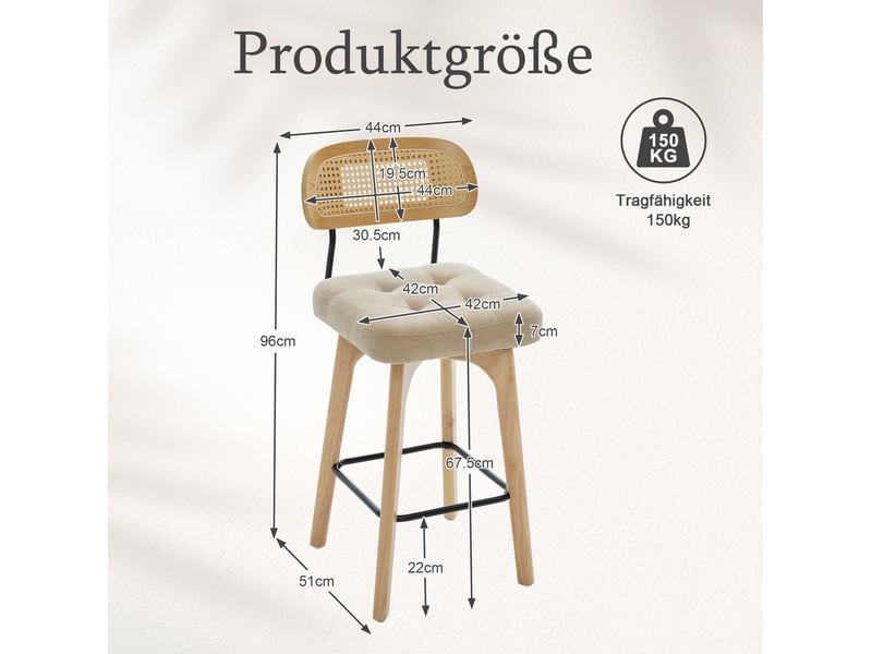  Lot de 2 tabourets de bar pivotants à 360° avec dossier en rotin et repose-pieds, en chenille kaki  - Conforama C