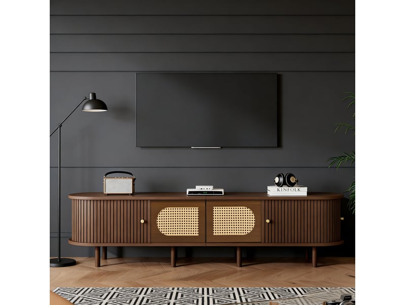  Meuble tv 180 x 40 x 40 cm – chêne foncé – style rotin, rangements fermés et support jusqu'à 80 pouces  - Conforama E