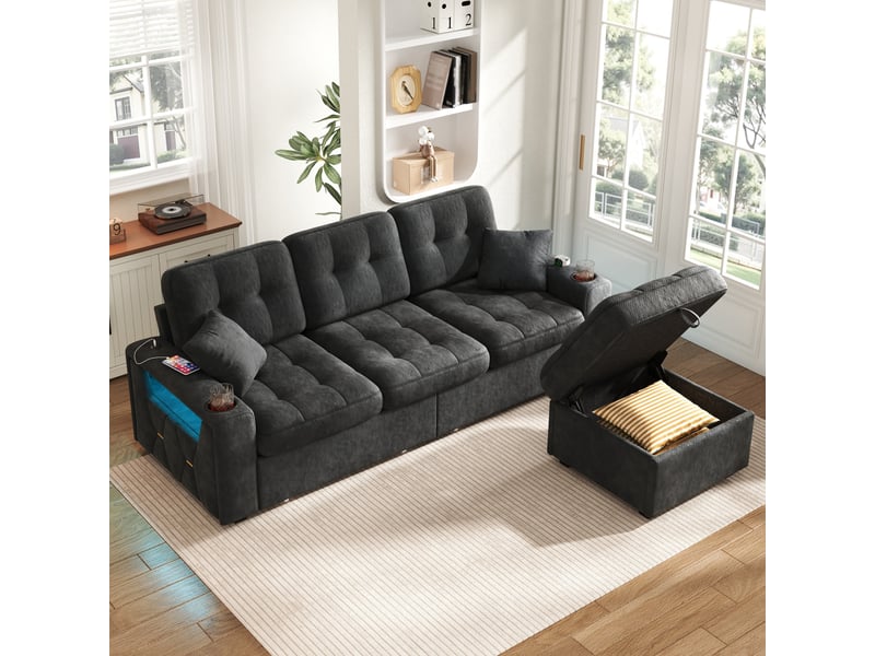  Canapé droit en chenille avec rangements, ports de charge usb-c, led et porte-gobelets pour salon moderne noir  - Conforama C