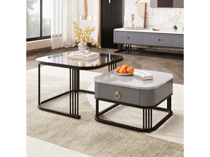  Ensemble de 2 tables basses gigognes en verre effet marbre noir et gris avec 2 tiroirs, 60 x 60 cm  - Conforama B