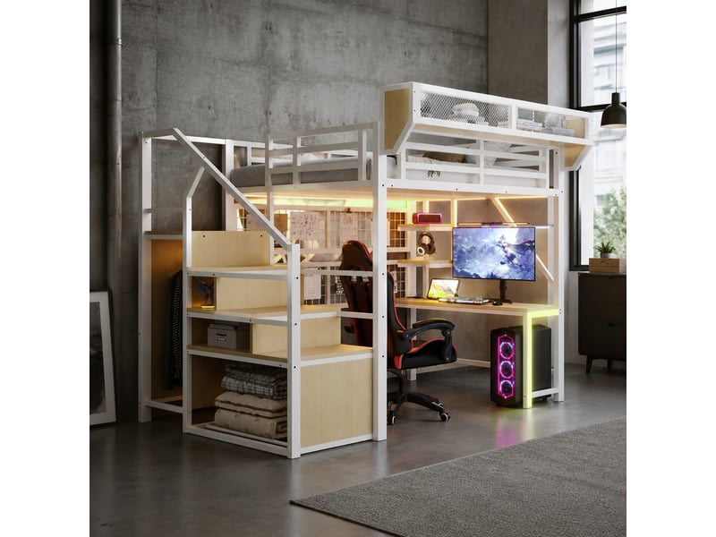  Lit mezzanine,140x200 cm,avec bureau, rangements, led et prises,métal,blanc  - Conforama B