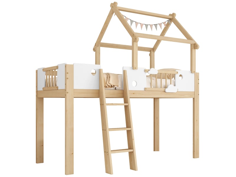  Lit mezzanine enfant 90x200 cm avec toit, échelle 3 marches, blanc et bois  - Conforama A