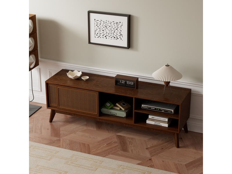  Meuble tv meuble de salon bois clair style mid-century modern portes en rotin pieds en bois massif teinte bois clair  - Conforama B