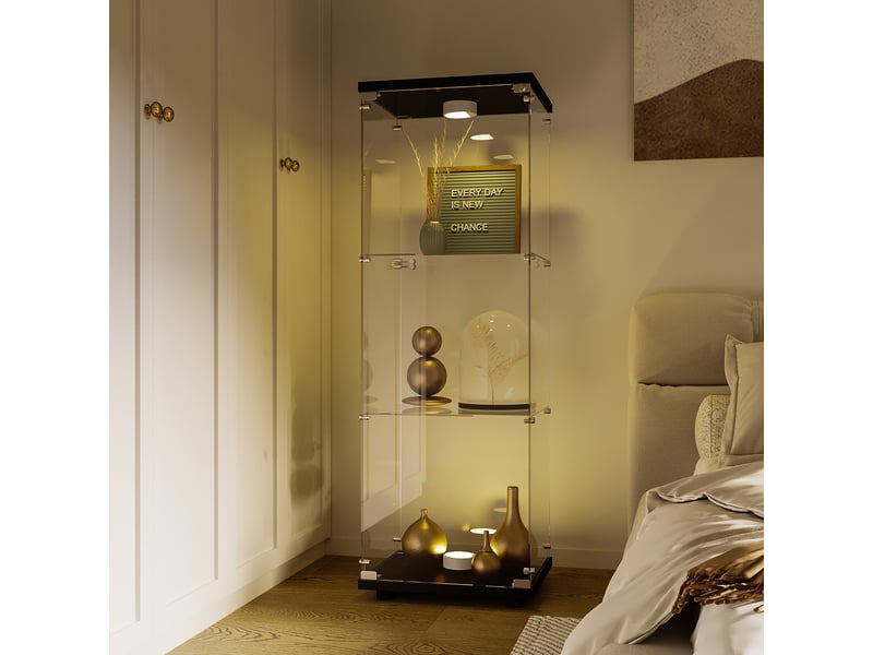  Vitrine d'exposition - 42x36x125cm -  cabinet 3 niveaux avec led, armoire meuble de collection simple porte - noir  - Conforama C