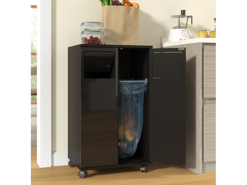  Meuble de tri des déchets 46,7x35x80 cm noir brillant mdf, 2 compartiments sur roulettes verrouillables  - Conforama B