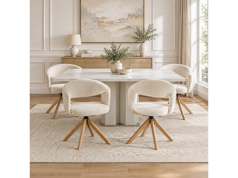  Lot de 2 chaises de salle à manger pivotantes en tissu structuré blanc crème et bois, 81,5 cm  - Conforama D