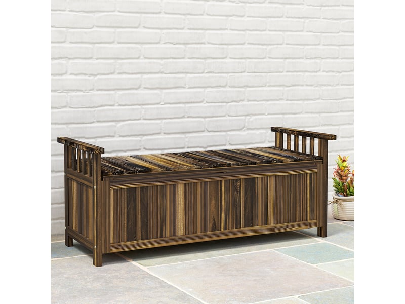  Banc de jardin 2 places en bois, résistant aux intempéries, avec rangement et accoudoirs, 128,5 x 52 x 53,5 cm, finition carbonisée  - Conforama B