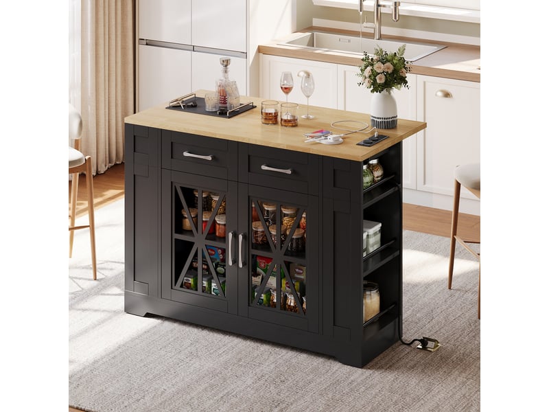  Îlot de cuisine sur roulettes 120cm avec table pliante, prises électriques et portes en verre, desserte noir et bois  - Conforama C