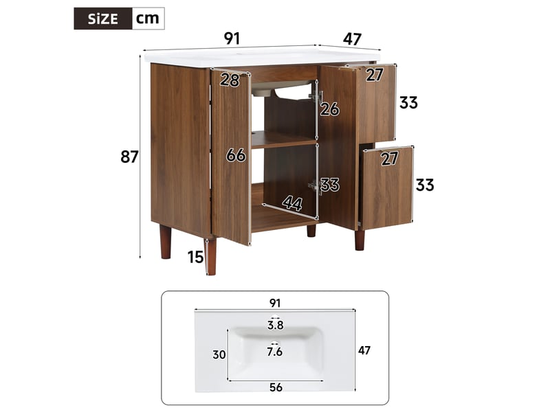  Meublede salle de bain 91 cm avec vasque céramique, 91 x 47 x 87 cm,noyer,panneau mdf,portes battantes et tiroirs, façade cannelée  - Conforama C