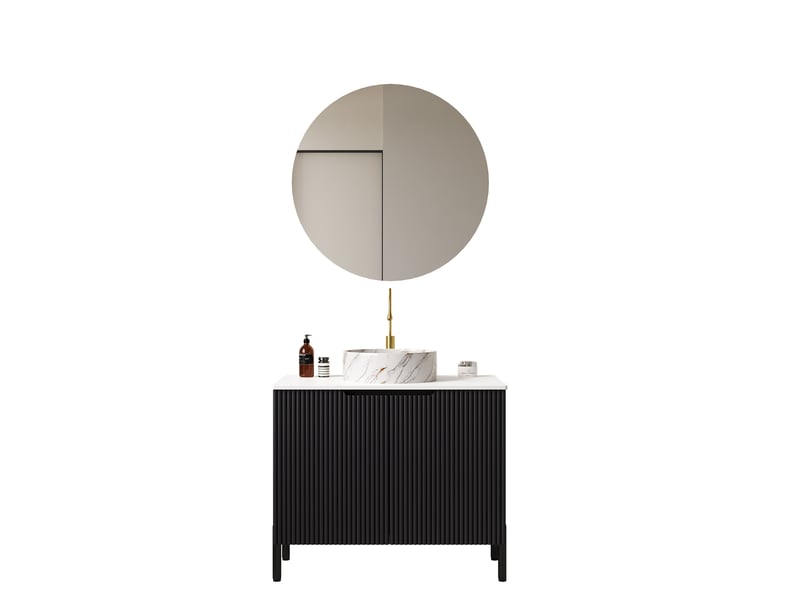 Meuble rangement salle de bain double porte vasque céramique pierre frittée noire homvra