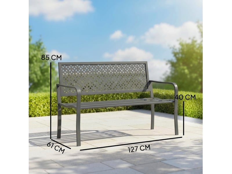 Banc de jardin 2 places en acier gris foncé, dossier géométrique anti-rouille, résistant aux intempéries - Conforama C