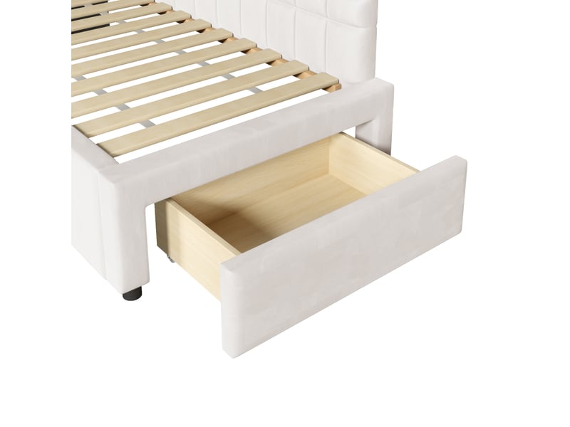 Lit l rembourré 2x90x200 cm, gigogne 90x190 cm, tiroirs gain de place, tissu flanelle douce, mdf, beige sans matelas - Conforama E